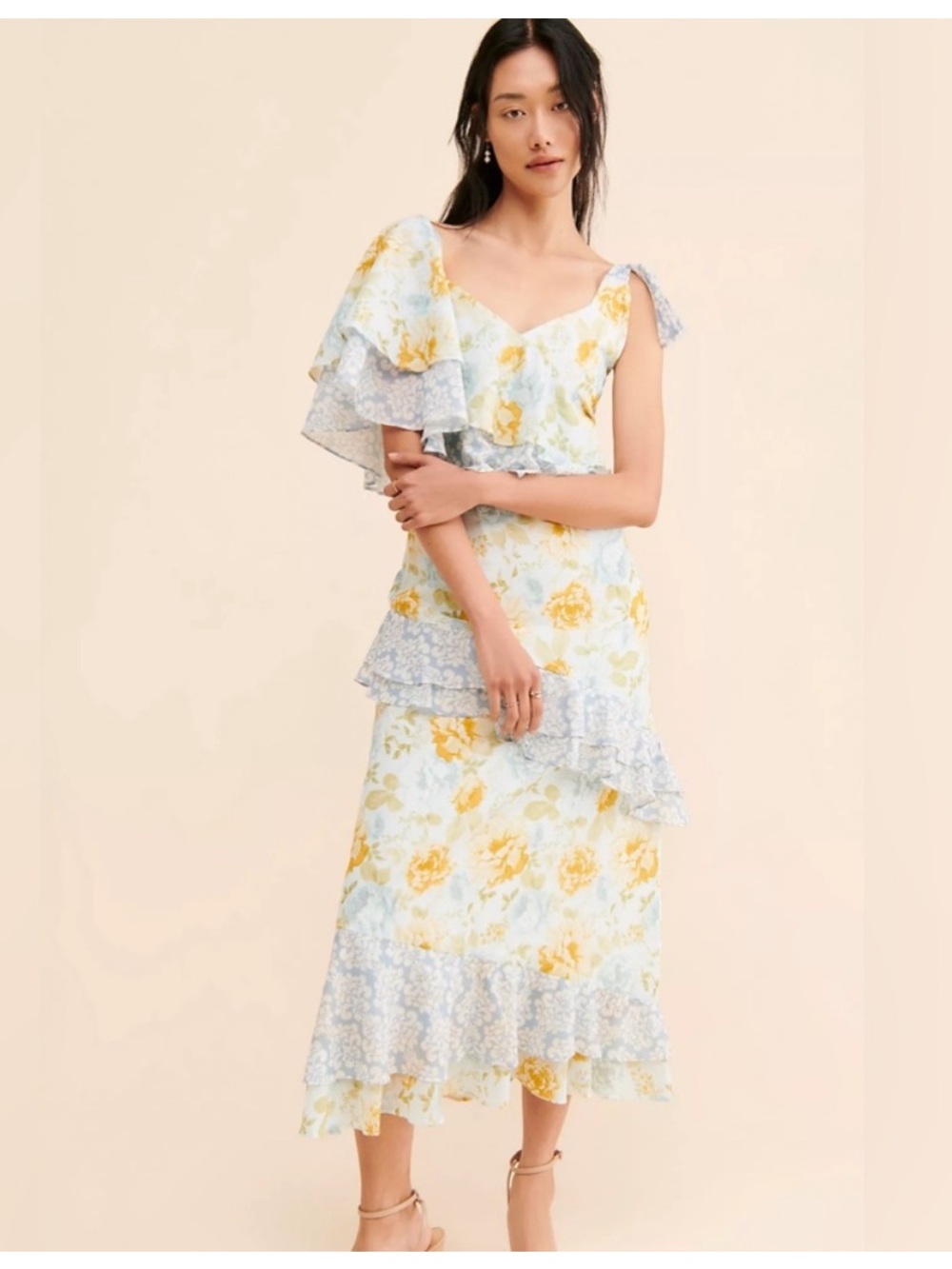 One-Shoulder Floral Ruffle Midi Dress in Yellow & Light Blue - Free People